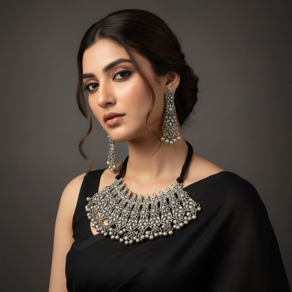 Silver necklace and earrings set on a gray background
