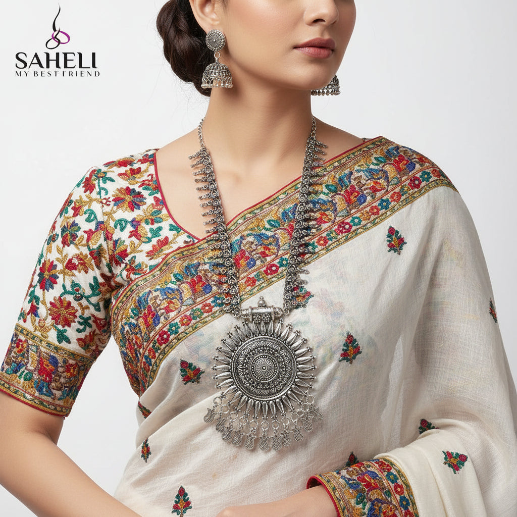 Silver necklace and earrings on a white background with 'SAHELI' branding.
