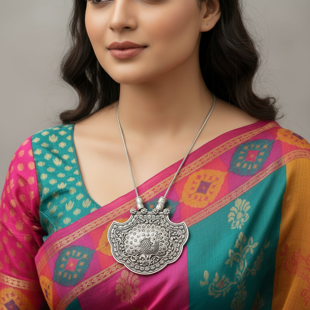 Silver necklace with intricate pendant on a gray background, featuring the brand 'Saheli'.