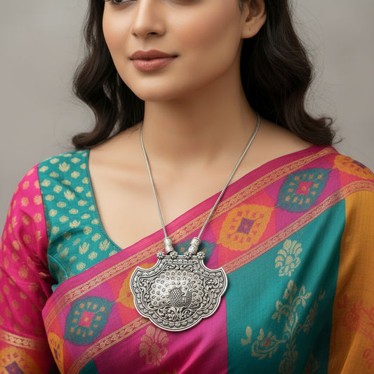 Silver necklace with intricate pendant on a gray background, featuring the brand 'Saheli'.