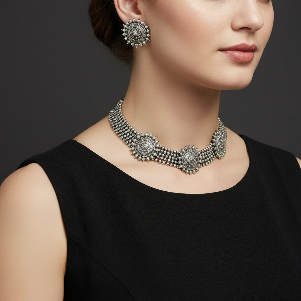 Silver necklace and earrings set with 'Saheli' branding on a gray background
