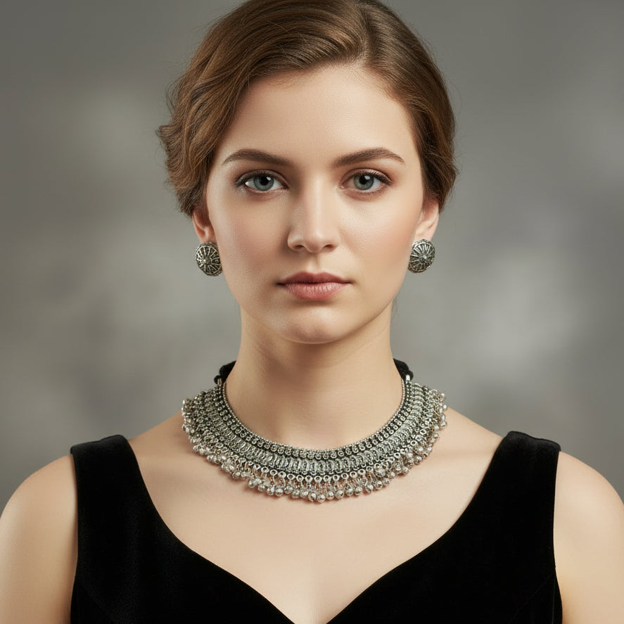 Silver necklace and earrings on a dark background