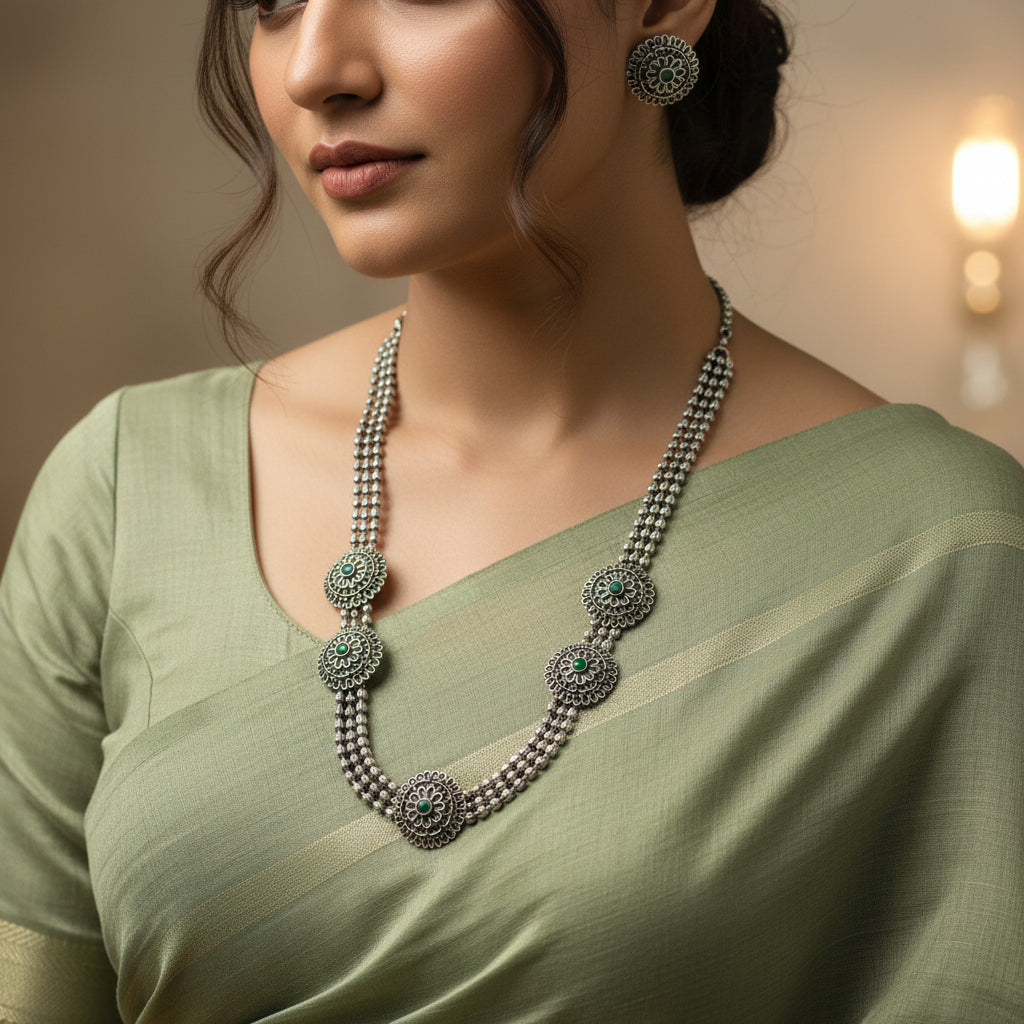 Silver necklace with green gemstones on a dark background
