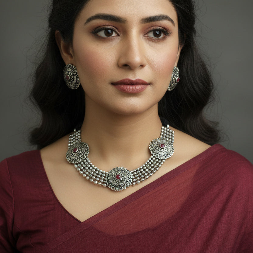 Silver necklace with red stones on a dark background