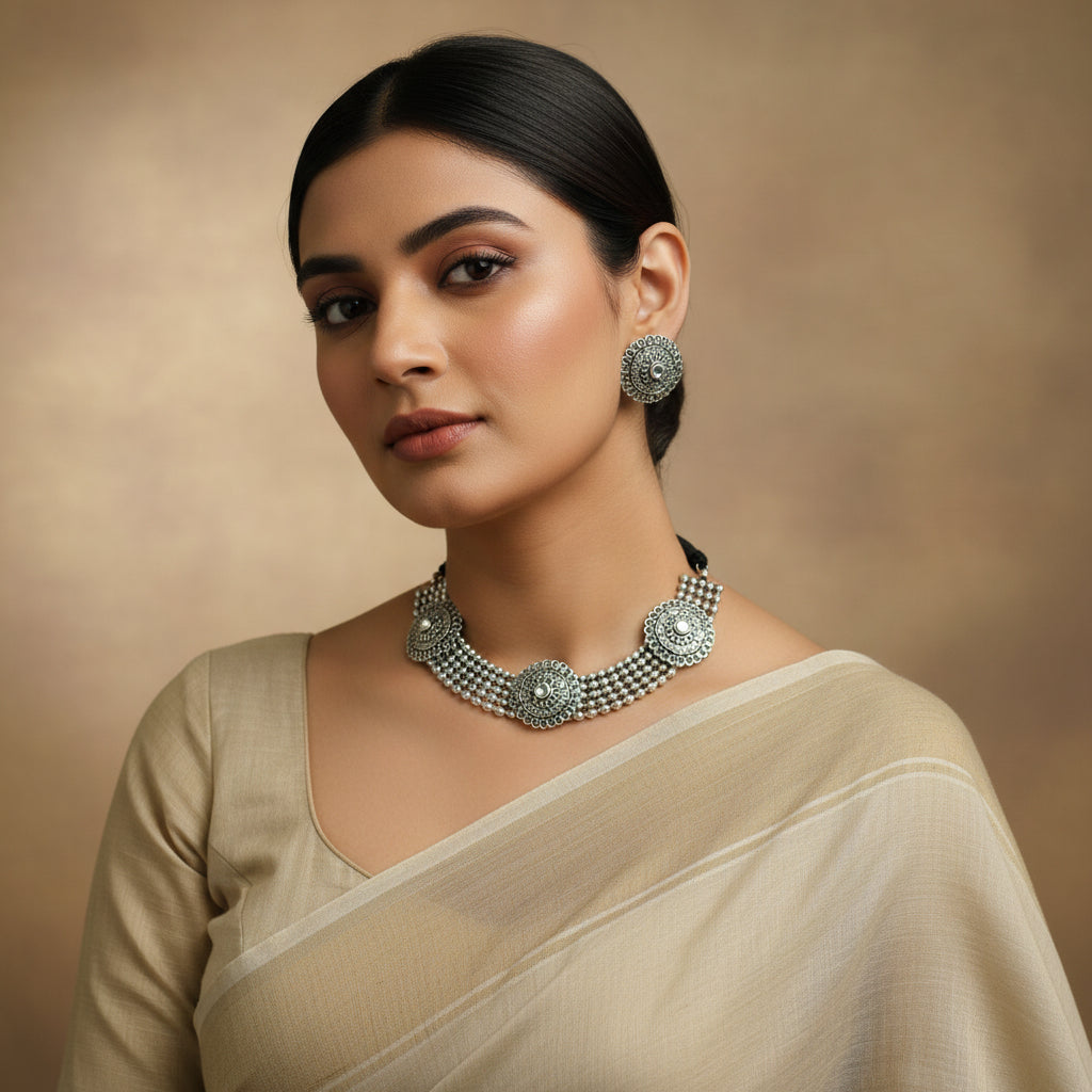 Silver necklace and earrings set on a dark background