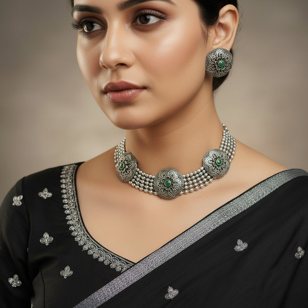 Silver necklace with floral designs and green stones on a dark background