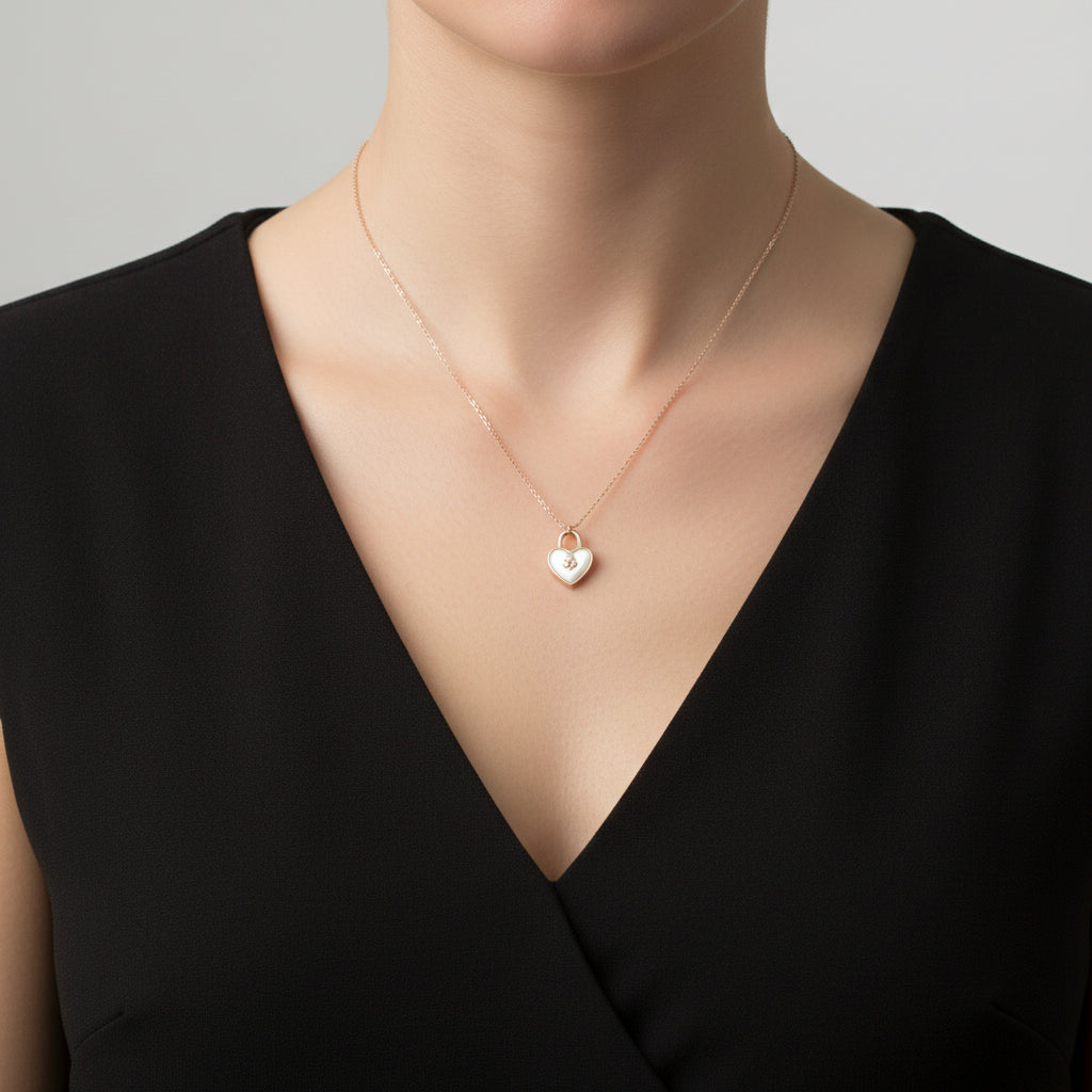 Heart-shaped pendant necklace with 'Saheli' branding on a dark background