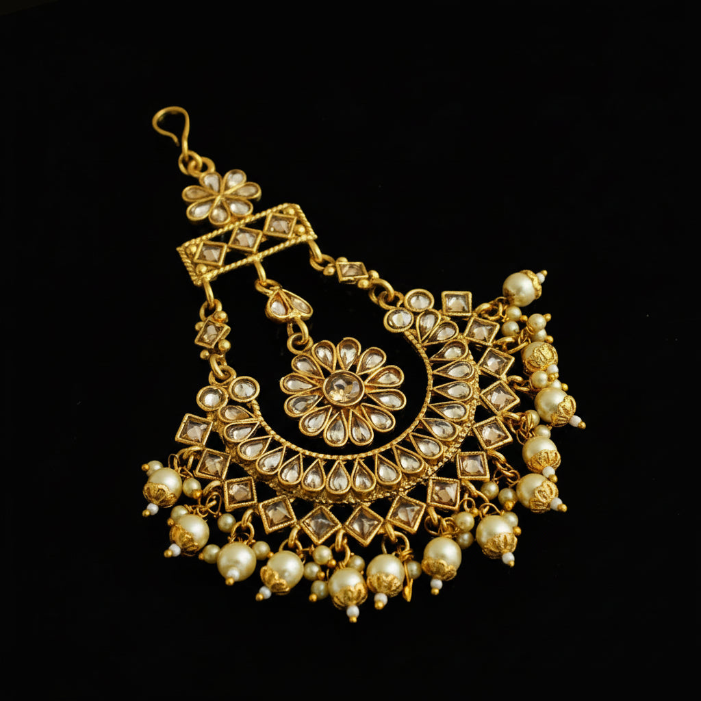 Gold and pearl decorative earring on a black background
