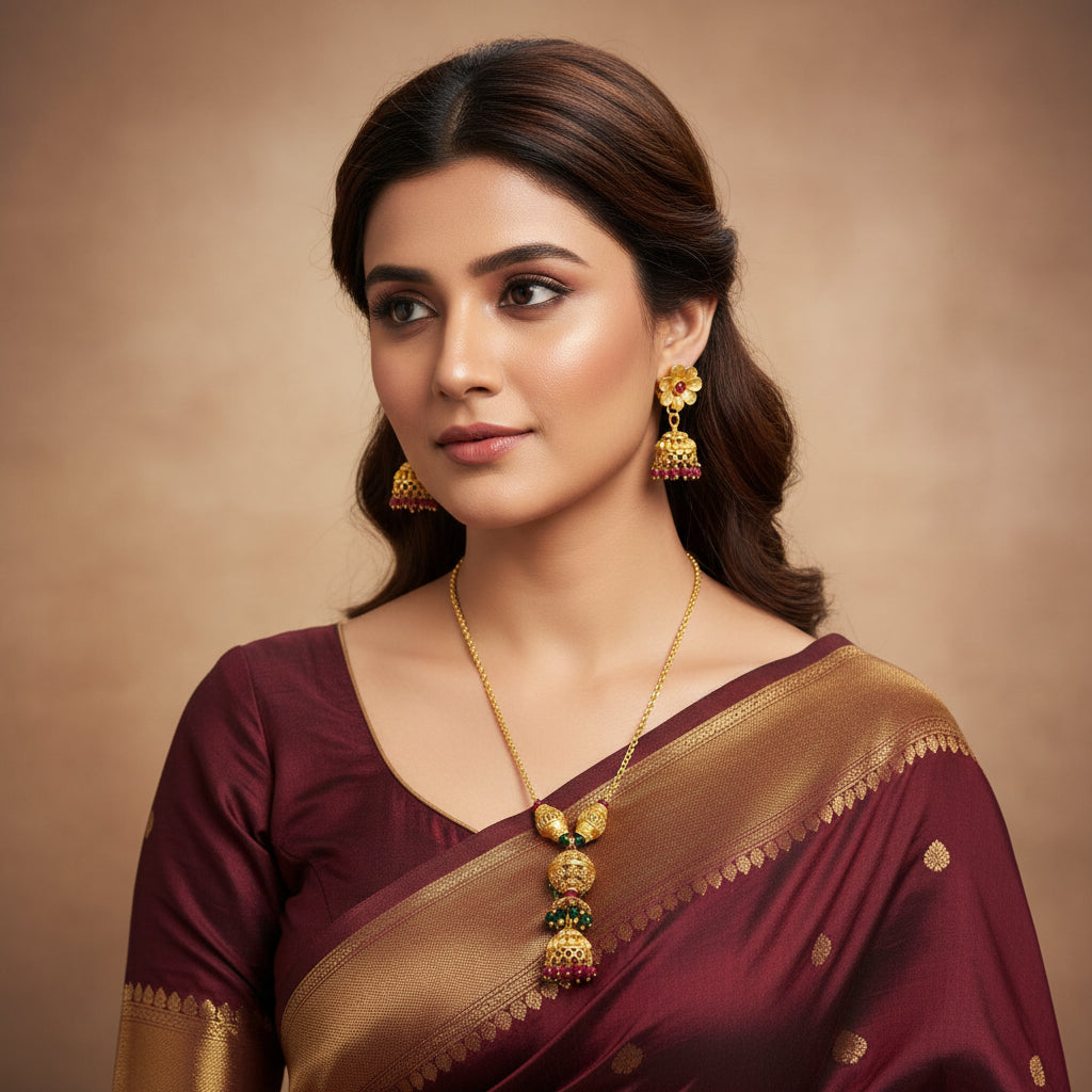Gold necklace and earrings set on a dark background with 'SAHELI' branding.