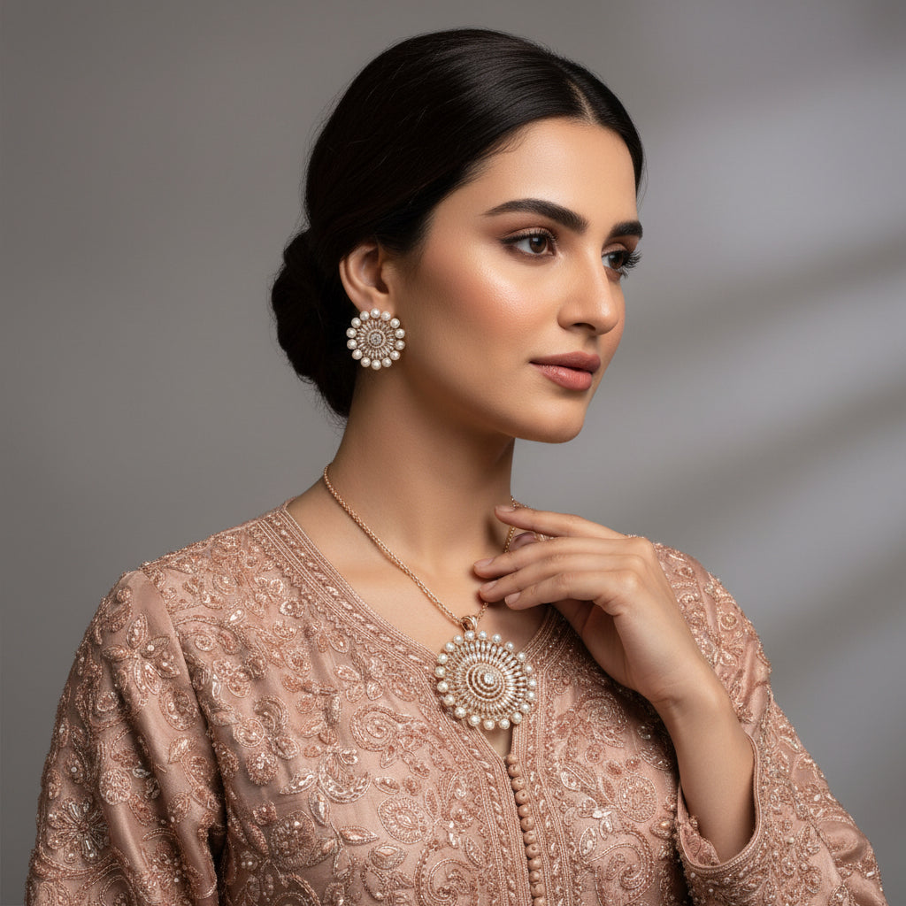 Pair of pearl and diamond earrings on a dark background