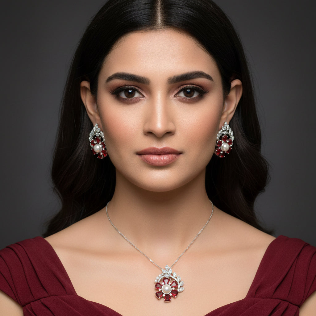 Three pairs of red and silver floral earrings on a dark gray background