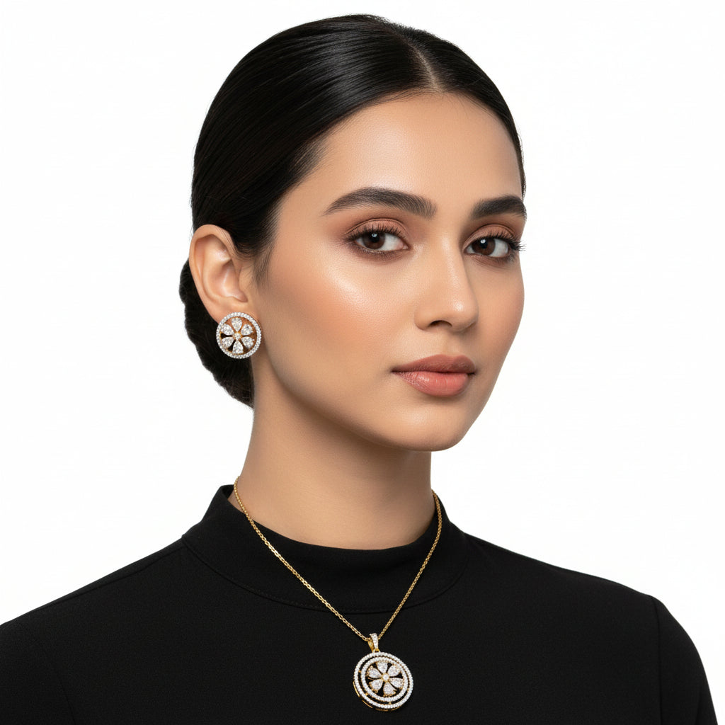 Diamond earrings on a black stand with 'SAHELI' branding.