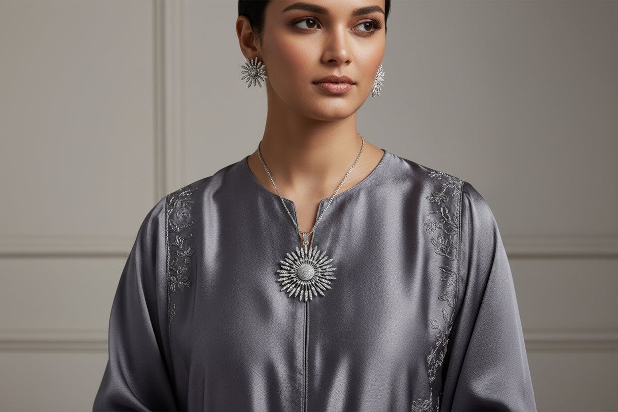 Set of silver floral earrings on a dark background