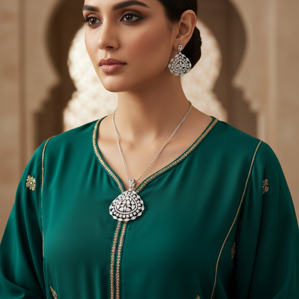 Diamond teardrop pendant and earrings on a dark background