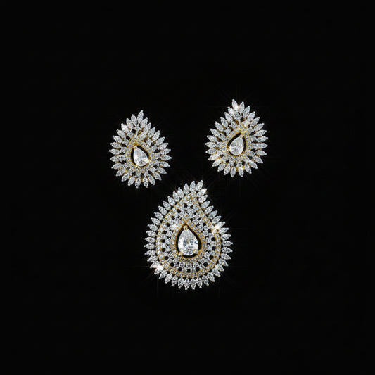 Diamond earrings on a dark background with 'Saheli' branding.