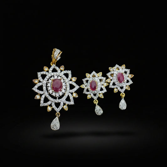 Jewelry set with pendant and earrings featuring red gemstones on a dark background, branded 'Saheli'.