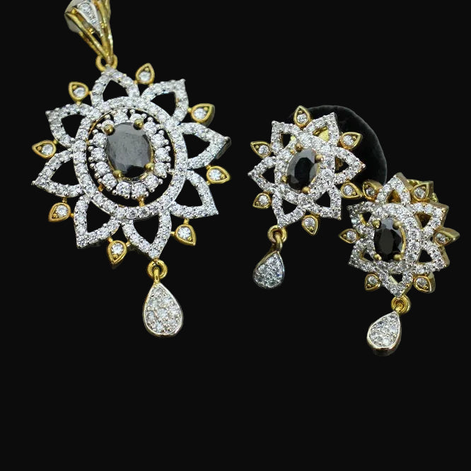 Gold and diamond earrings on a dark background with 'SAHELI' branding.