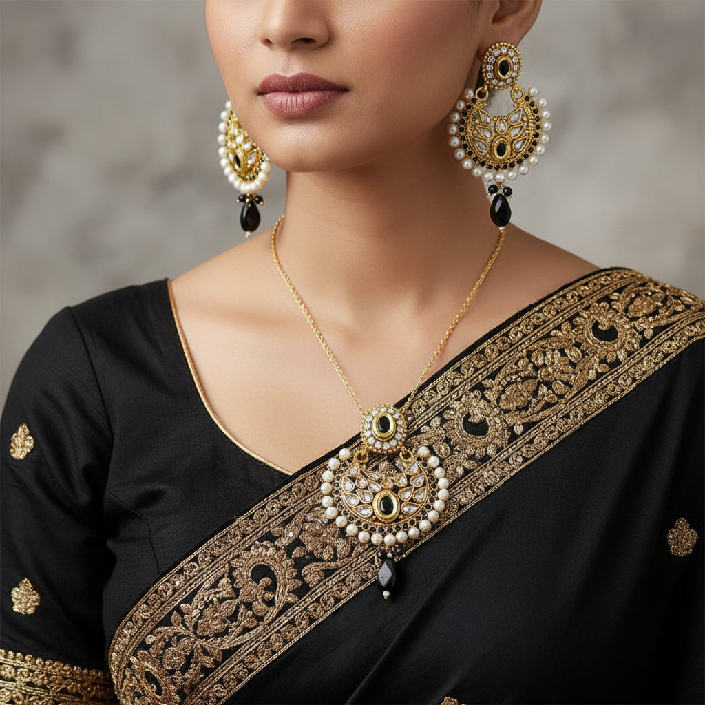 Ornate gold and pearl earrings with black accents on a dark background, featuring the brand 'Saheli'.