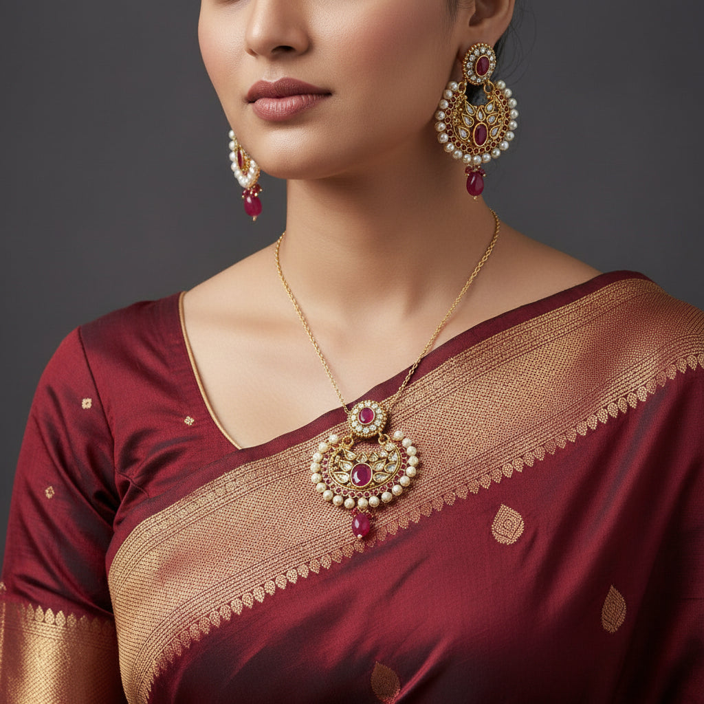 Ornate earrings with red stones and pearls on a reflective surface, featuring the brand 'SAHELI'.