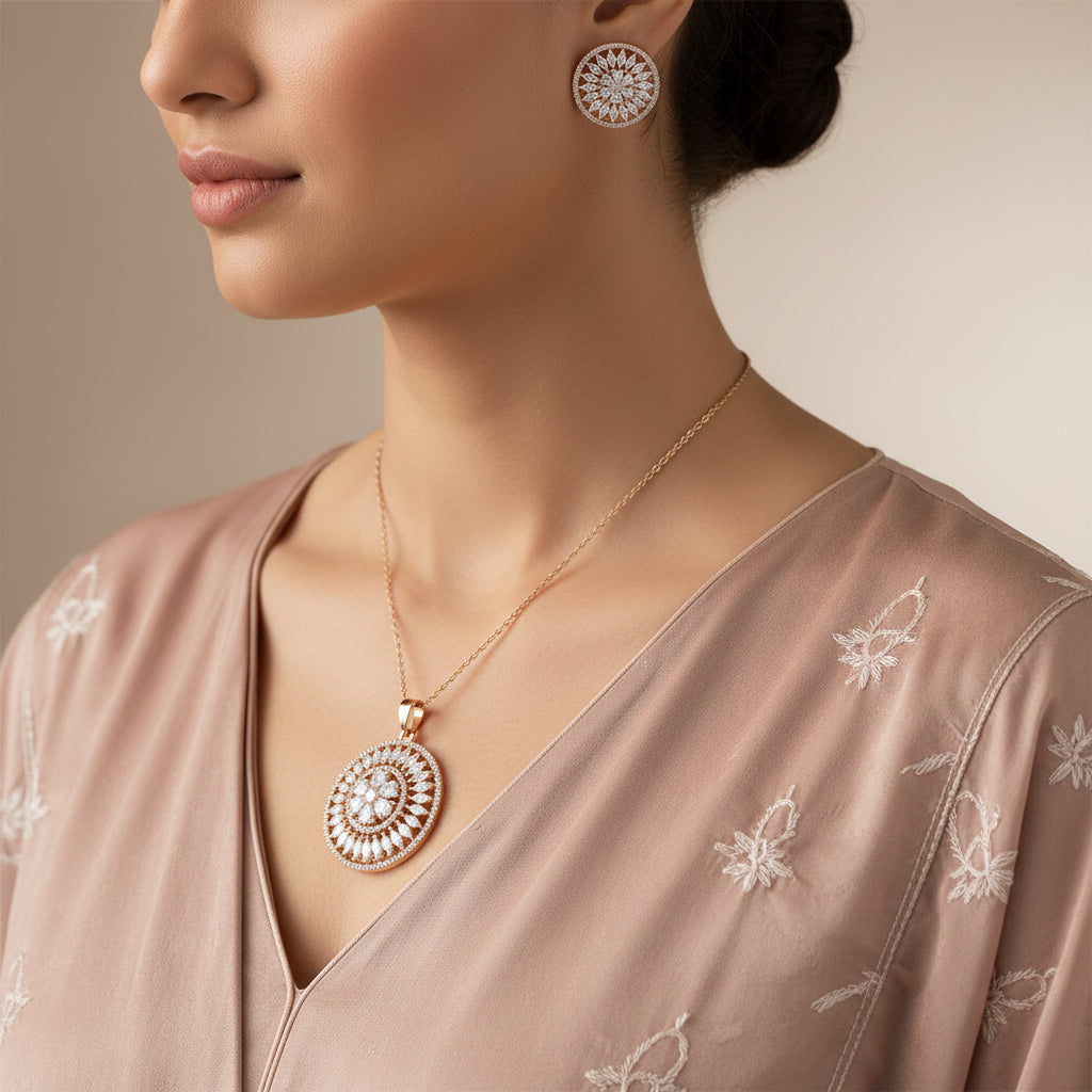 Jewelry set with circular pendant and earrings on a dark background