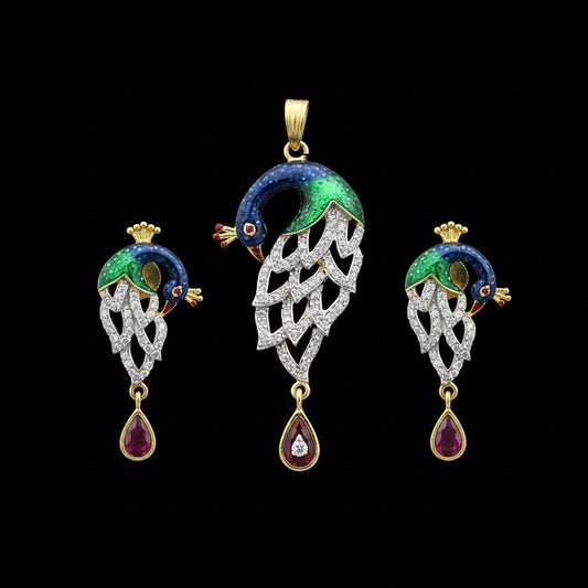 Pair of peacock-themed earrings with gemstones on a dark background, branded 'SAHELI'.