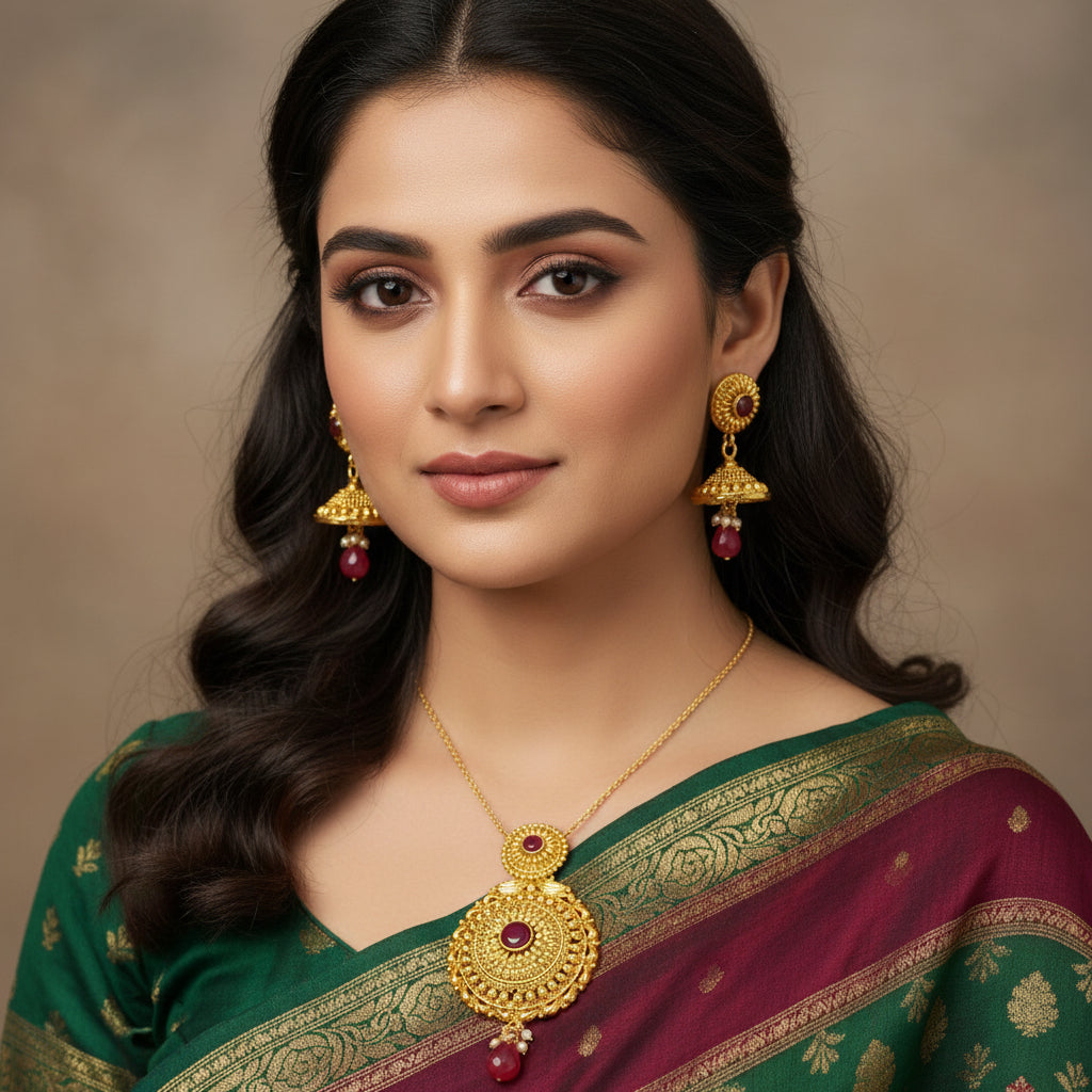 Gold earrings with red stones on a gray background, featuring the brand 'Saheli'.