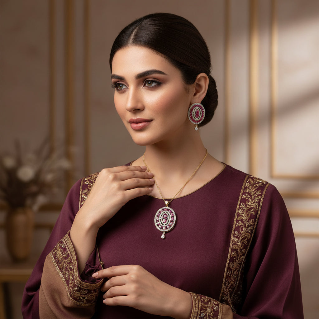 Jewelry set with circular pendants featuring red stones and gold accents on a dark background, branded 'Saheli'.