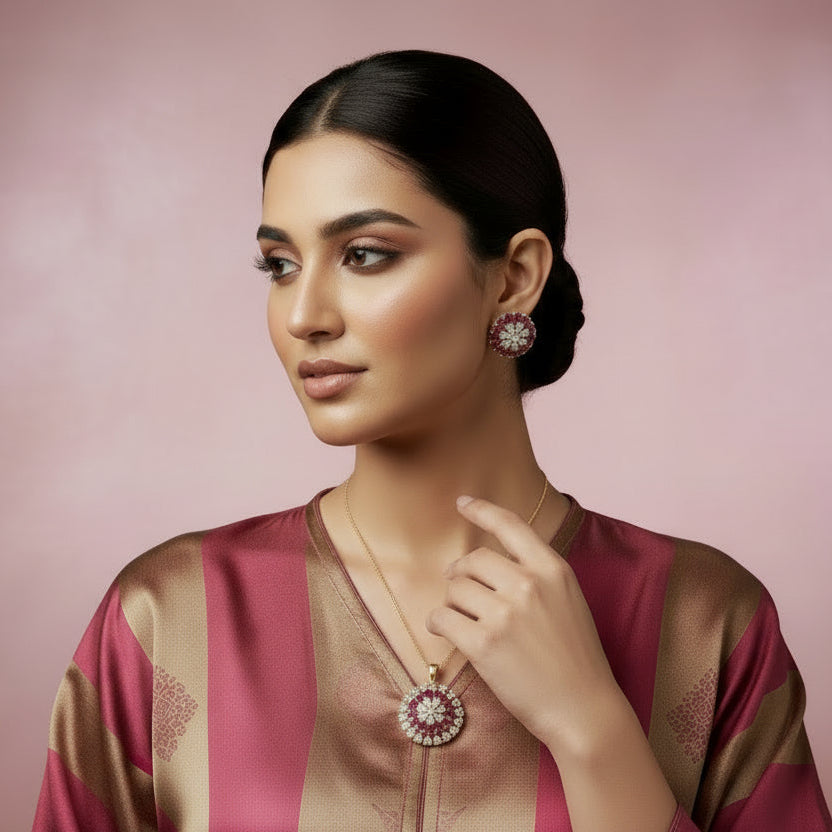 Jewelry set with pendant and earrings on a dark background, featuring the brand 'Saheli'.
