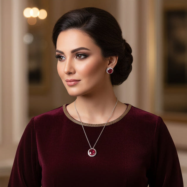 Jewelry set with necklace and earrings featuring red gemstones on a black background, branded 'Saheli'.