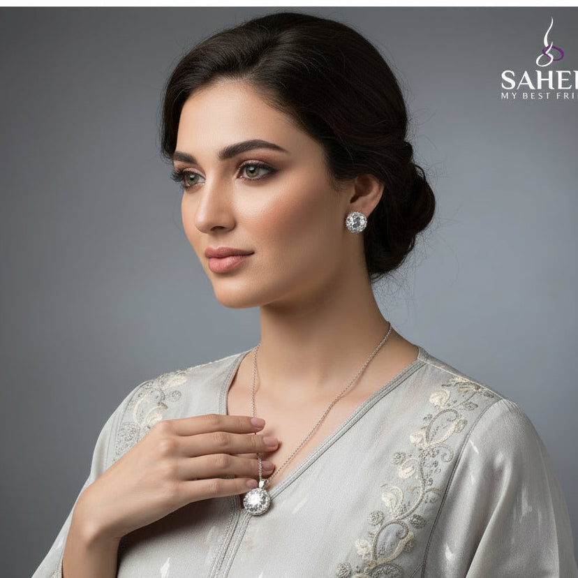 Jewelry set with necklace and earrings on a black background, featuring the brand 'Saheli'.