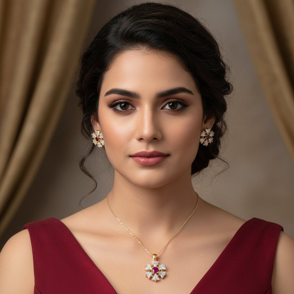 Gold and diamond earrings with red gemstones on a gray background, branded 'SAHELLI'.