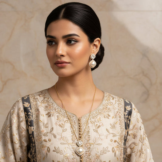 Jewelry set with necklace and earrings on a black background, featuring the brand 'Saheli'.
