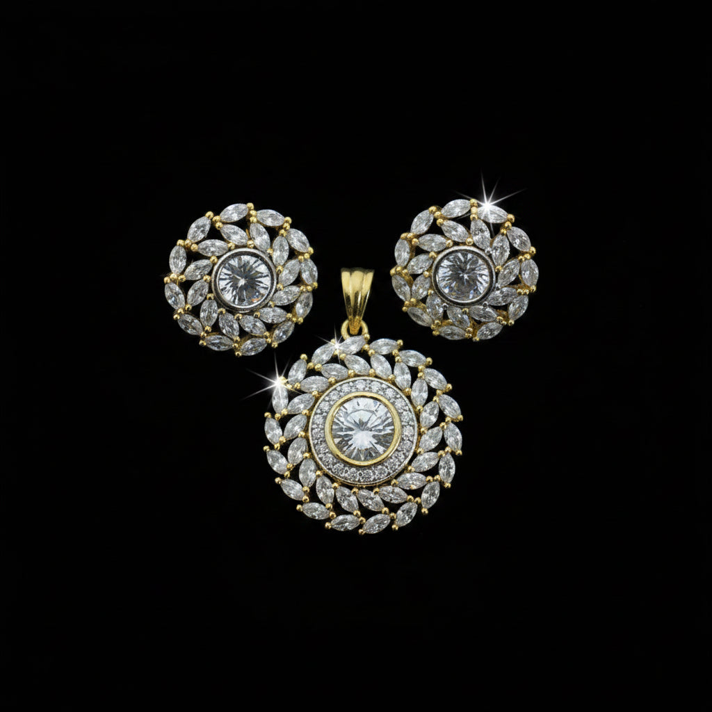 Gold and diamond jewelry set with 'Saheli' branding on a dark background