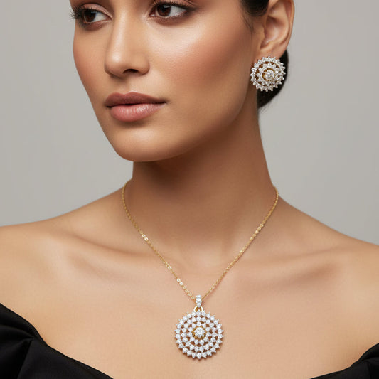Diamond earrings on a dark surface with 'Saheli' branding.