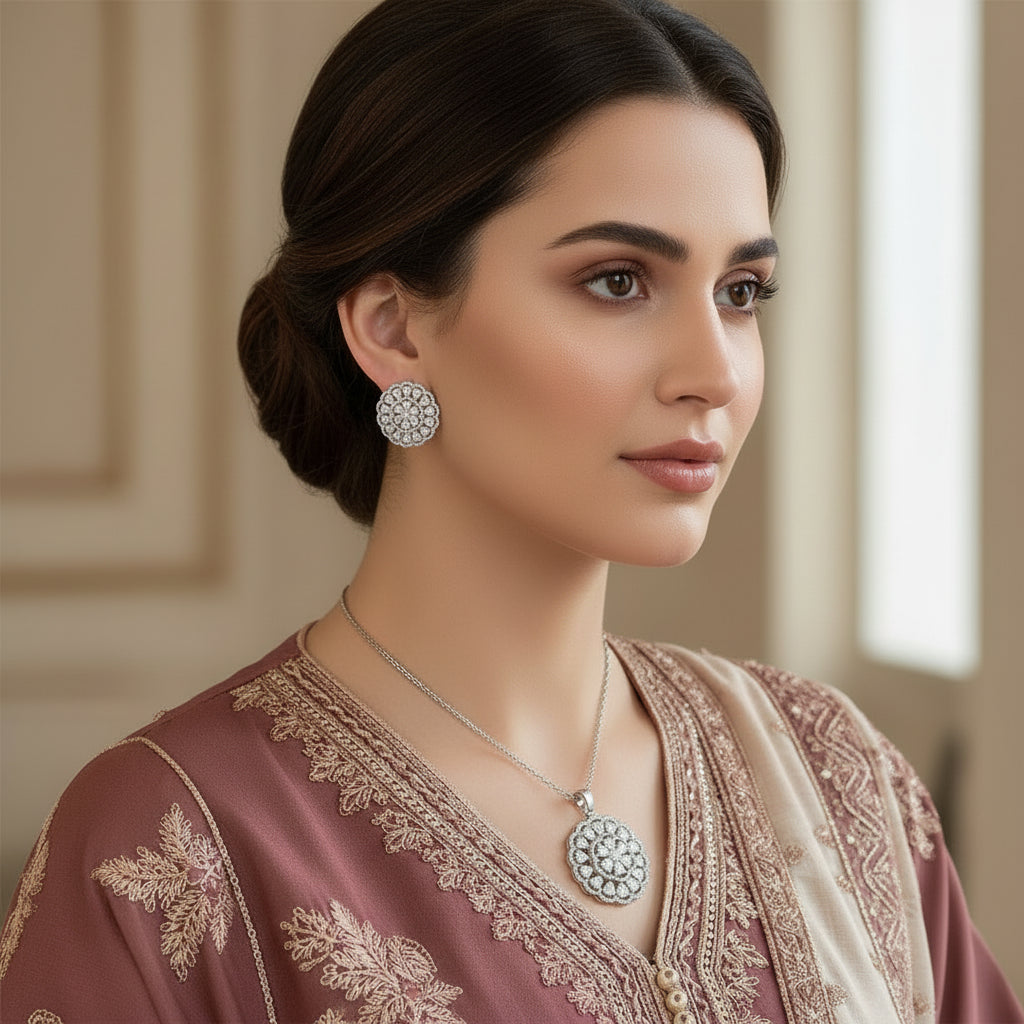 Silver floral earrings with clear stones on a dark background, branded 'Saheli'.