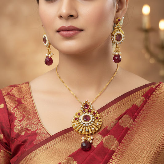 Gold and red earrings with 'Saheli' branding on a dark background