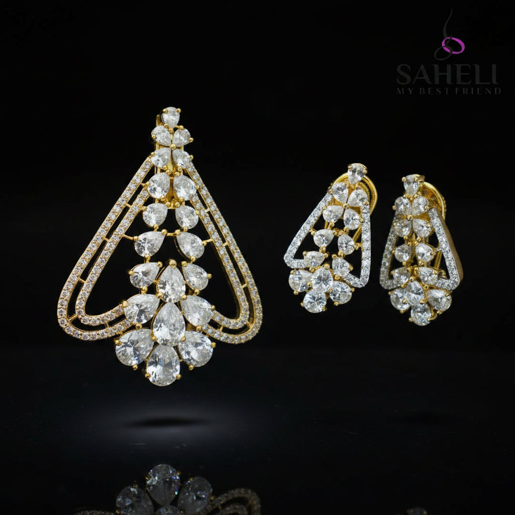 Pair of diamond earrings with 'SAHELI' branding on a dark background