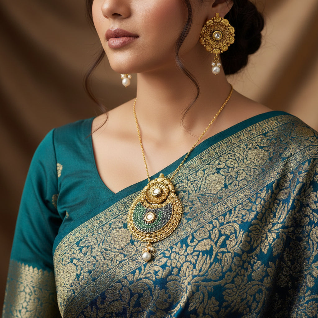 Gold and green jewelry set with pearl accents on a dark background, featuring the brand 'Saheli'.