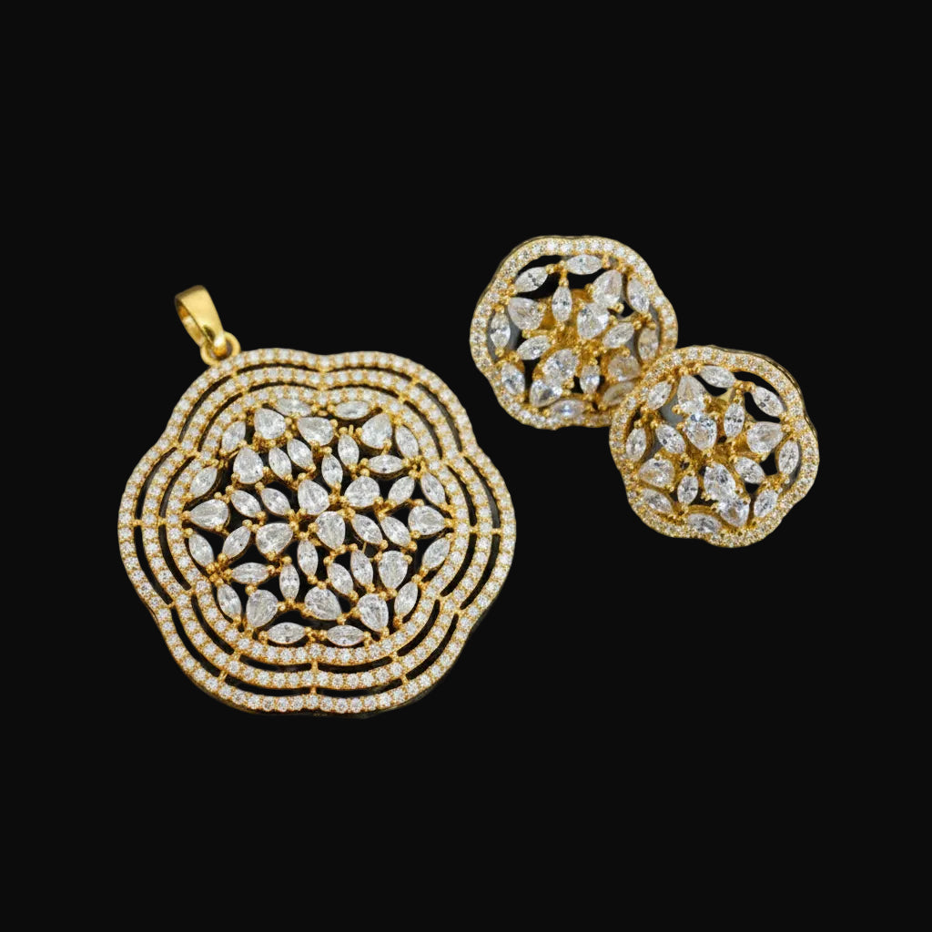 Diamond earrings and pendant set with 'SAHELLI' branding on a dark background