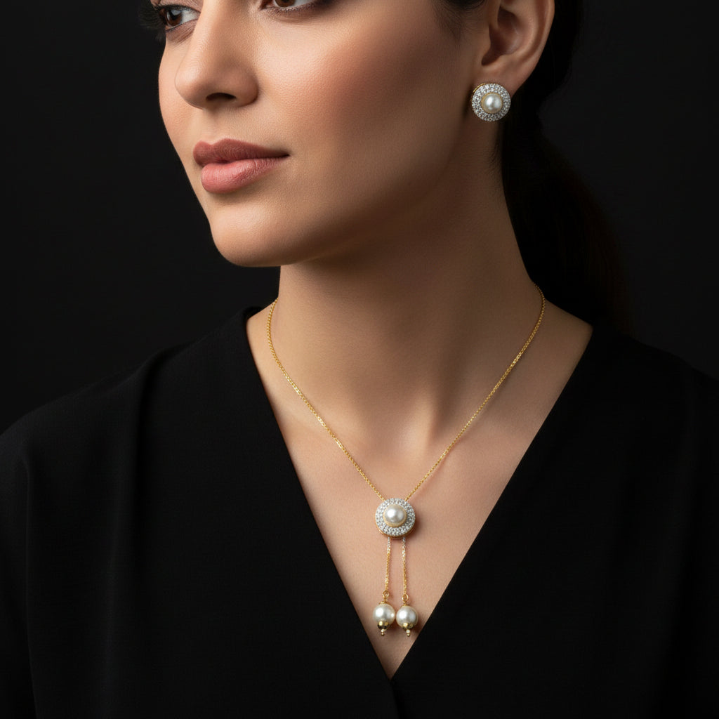 Pearl necklace and earrings set with 'SAHELI' branding on a dark background