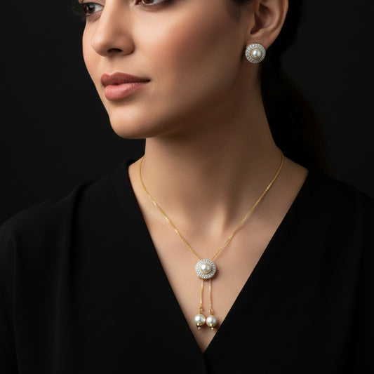 Pearl necklace and earrings set with 'SAHELI' branding on a dark background