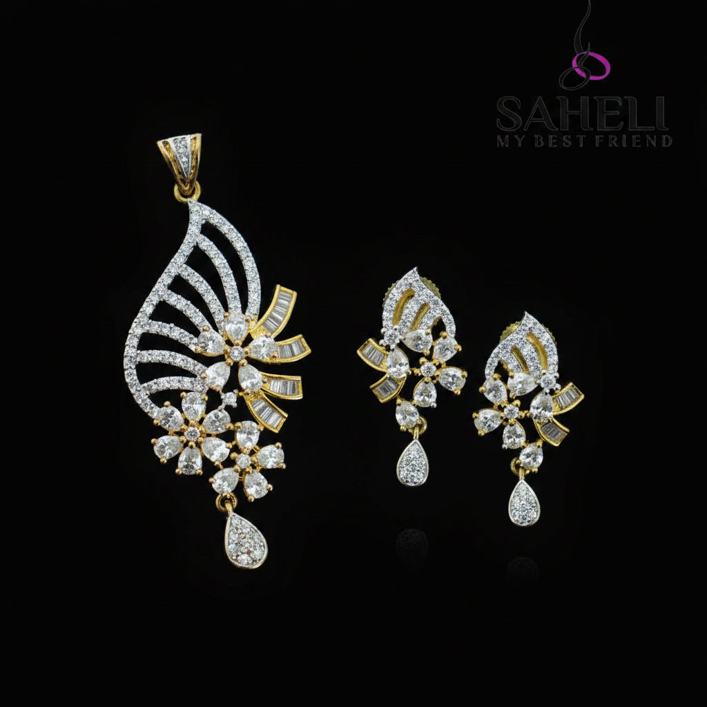Gold and diamond earrings on a dark background with 'SAHELI' branding.