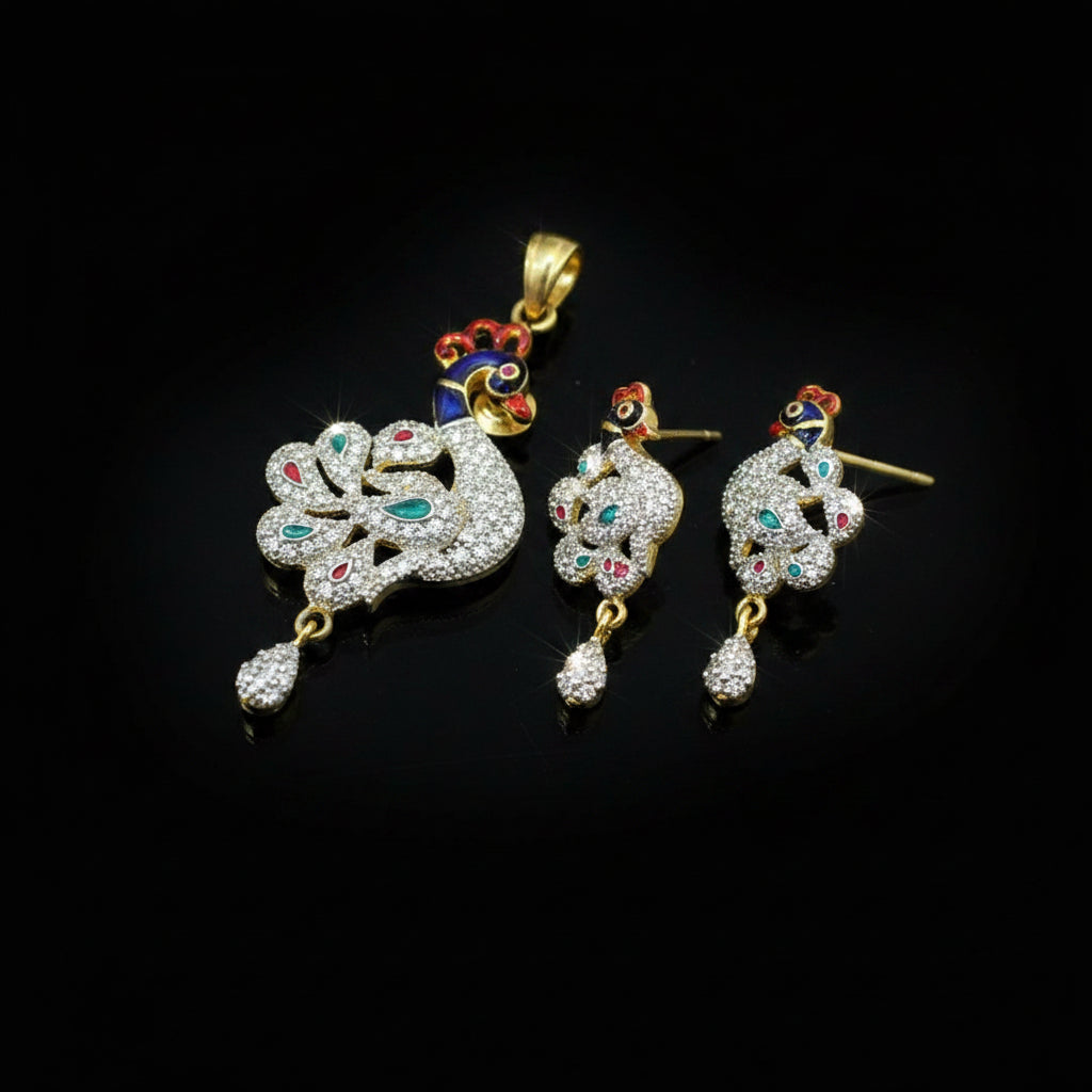 Ornate peacock-shaped earrings with gemstones on a gray background, branded 'SAHELI'.