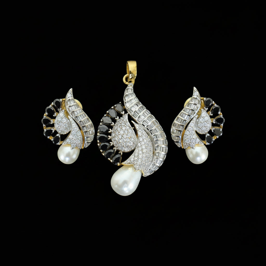 Diamond and pearl earrings on a reflective surface with 'Saheli' branding.