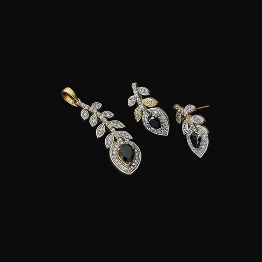 Gold and silver earrings on a dark background with 'Saheli' branding.