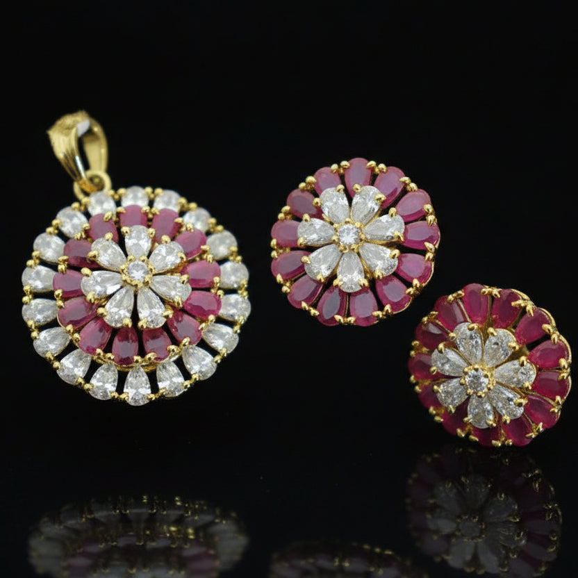 Jewelry set with pendant and earrings on a dark background, featuring the brand 'Saheli'.