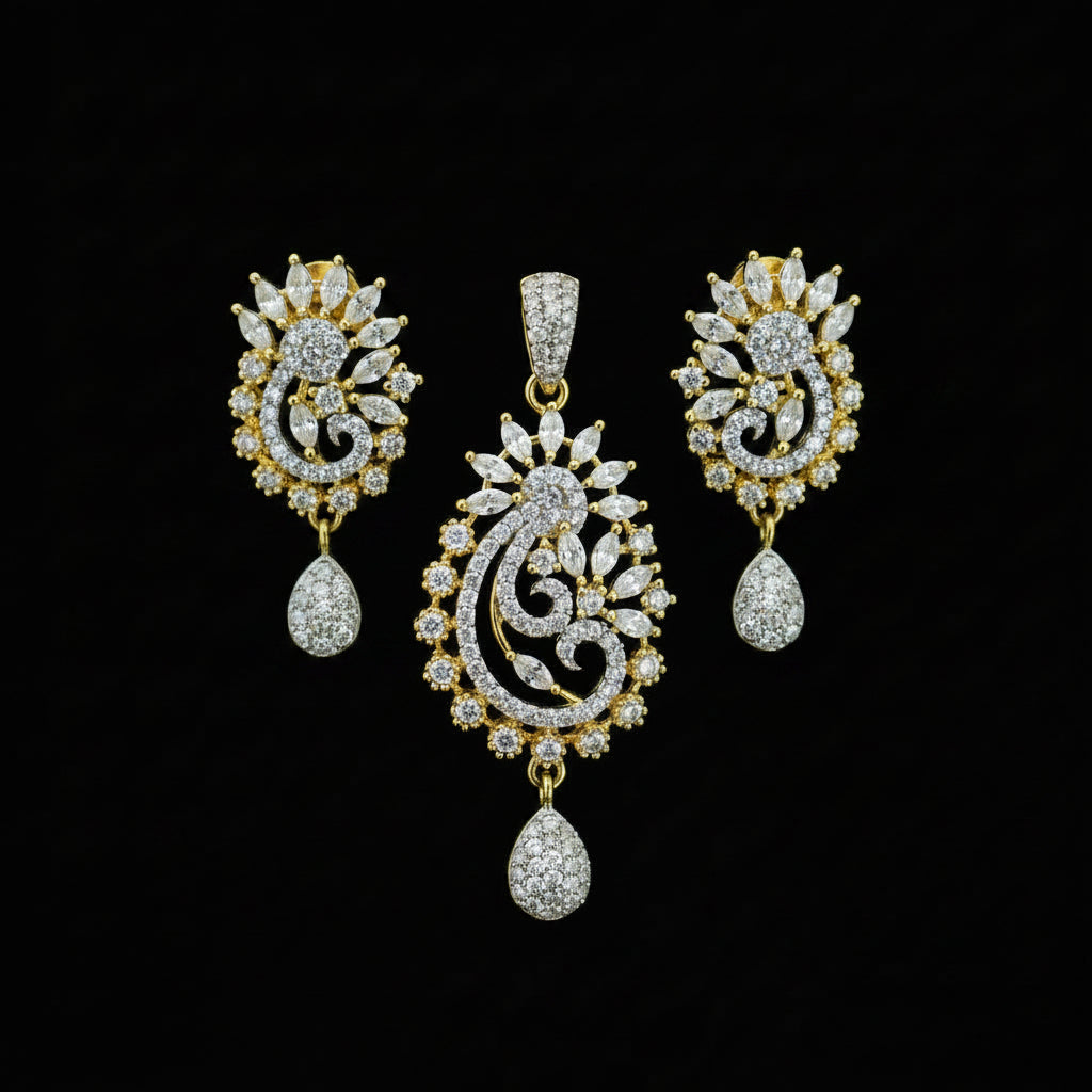 Gold and diamond earrings on a dark background with 'Saheli' branding.