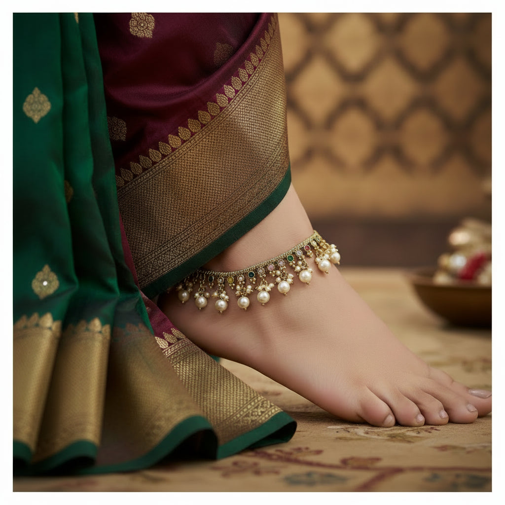 Ornate necklace with pearls and gemstones on a dark background, featuring the brand 'SAHELL'.