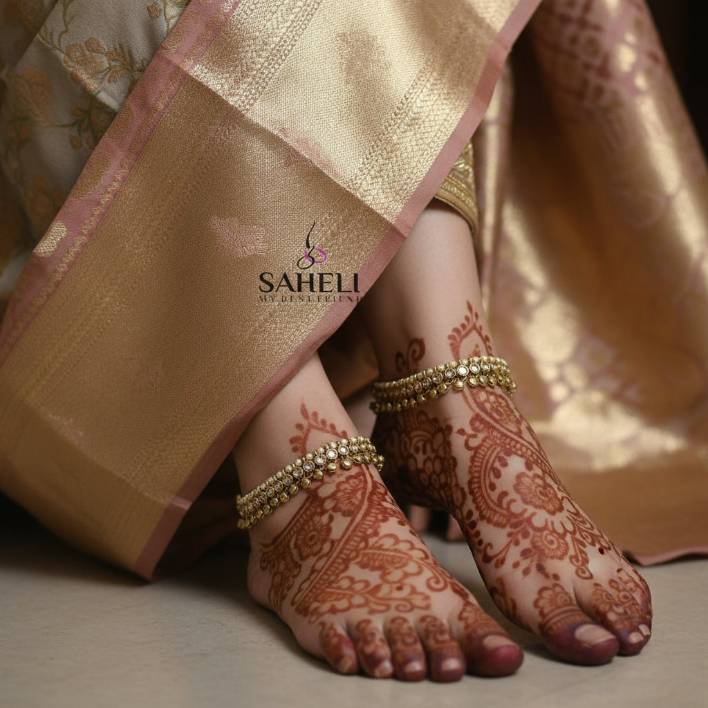 Gold necklace and bracelet set with 'Saheli' branding on a dark background