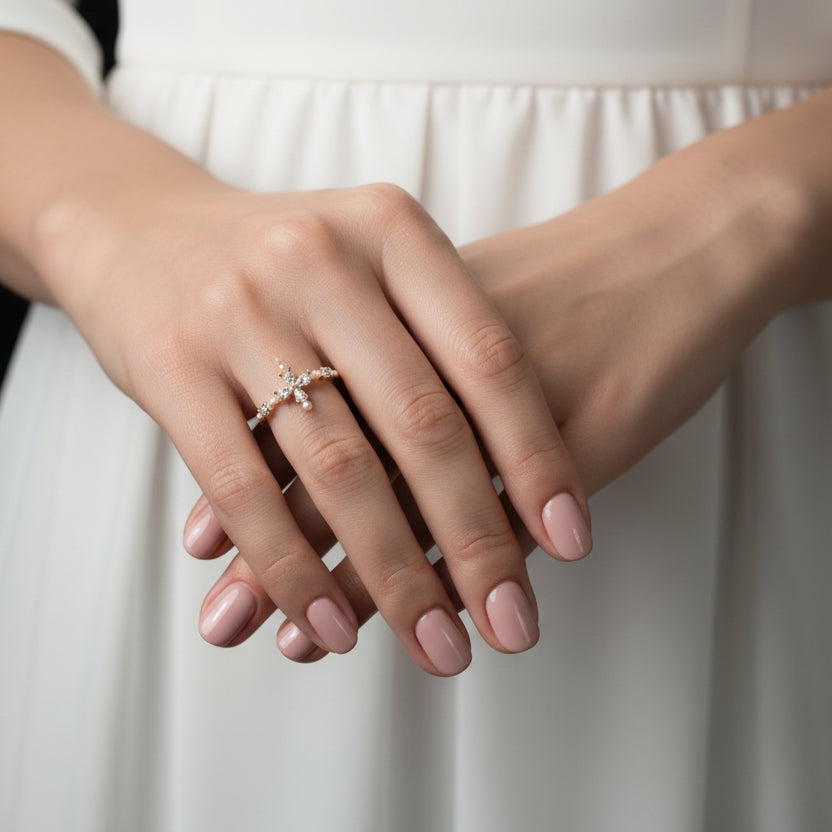 Gold cross-shaped ring on a black mannequin hand against a gray background